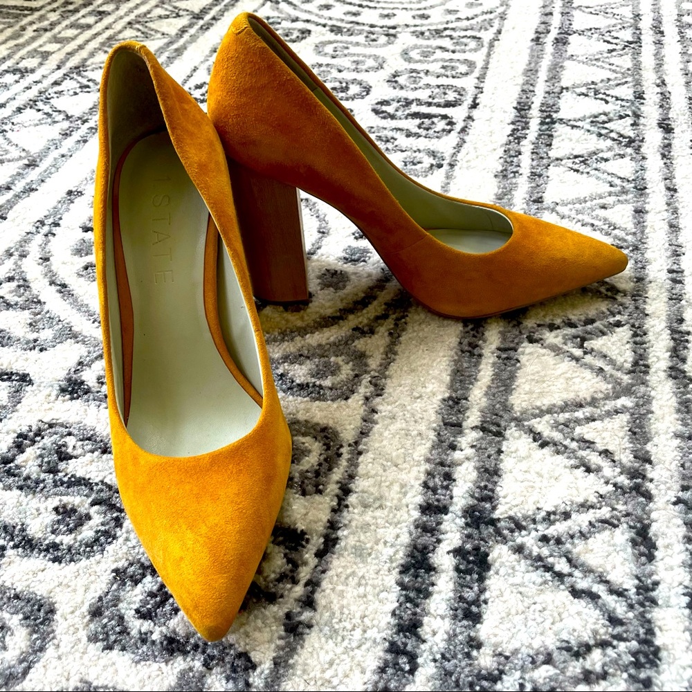 1. State Valencia Mustard Wood Block Heel Pumps